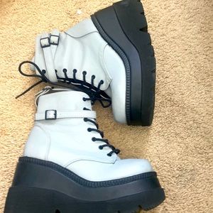 DEMONIA Grey, Reflective, Platform Boots, 4 1/2" Wedge Platform Lace-Up shoes